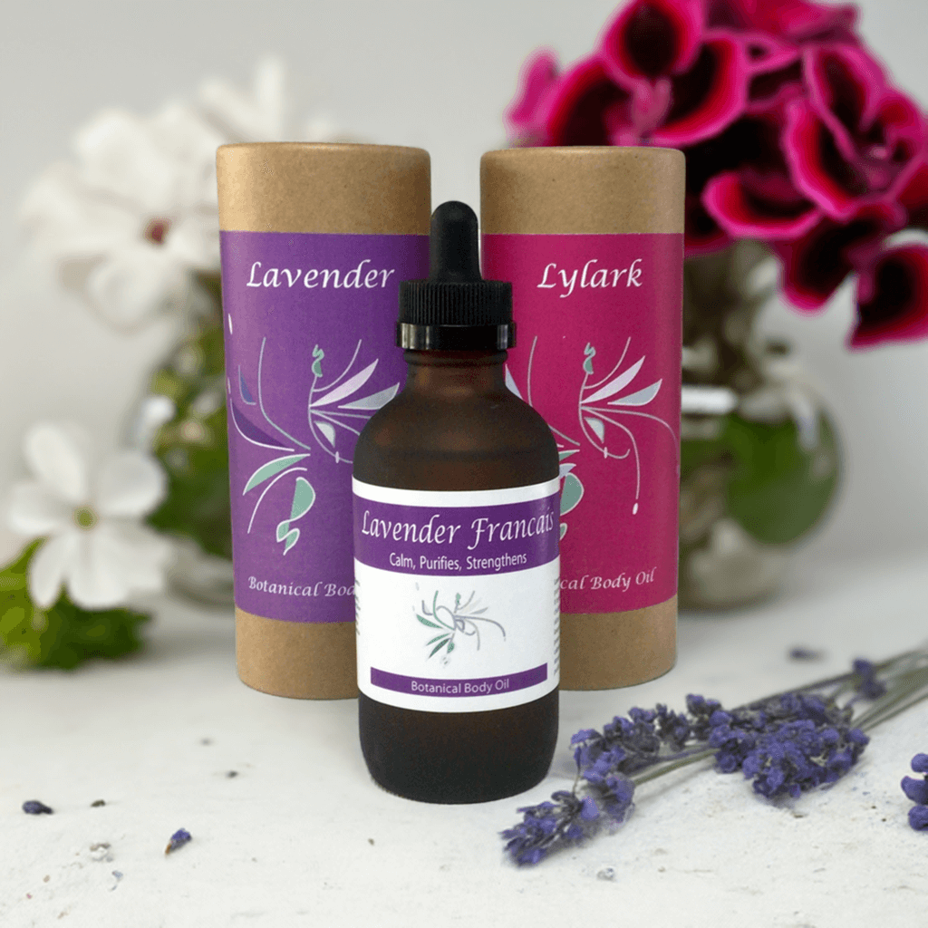 Organic Lavender Massage Oil Collection featuring Lavender Francais body oil and beautiful packaging.